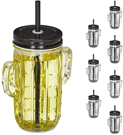 Relaxdays Trinkgläser mit Strohhalm & Deckel, 8er Set Eisteebecher, Limonadengläser Kaktus, 500 ml, Gastro, transparent, 8 Stück (1er Pack)