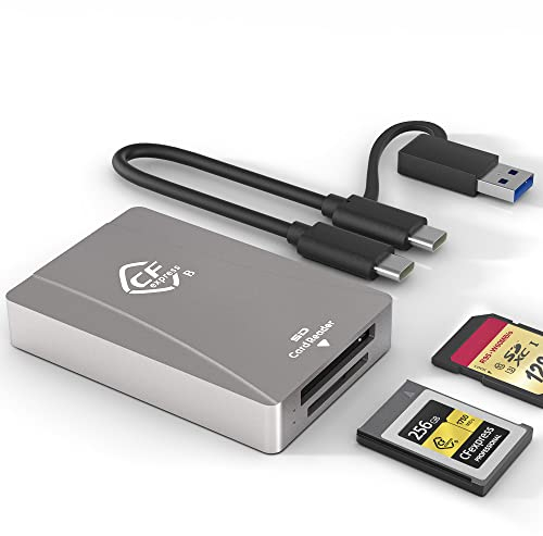 CFexpress Typ B Kartenleser SD Kartenleser, USB 3.2 Gen 2 10 Gbit/s, tragbarer Aluminium CFexpress Kartenadapter mit Zwei Steckplätzen, unterstützt Windows/Android/Mac OS/Linux mit Multi Kabel