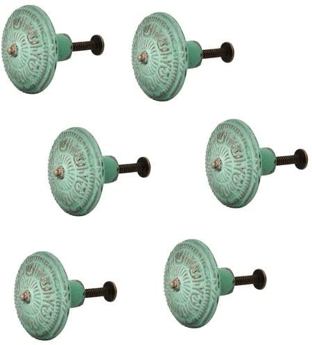 Knober 6 X Möbelknopf aus Eisen mit Montur | für Kommoden Schränke Schubladen Griff | türkis | Shack Serie | Design 11