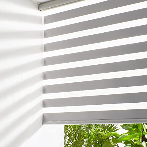 Persilux Kabellose Zebra-Jalousien für Fenster, Free-Stop-Rollos (91,4 cm B x 119,4 cm H, Grau), zweilagige Lichtsteuerung für Tag und Nacht, lichtfilternde, durchsichtige Schatten für Zuhause