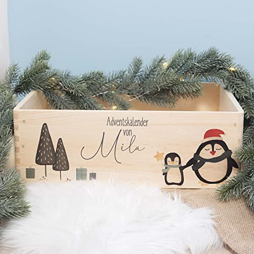 Personalisierte Adventskiste - Adventskalender 2024 Kinder aus Holz mit Namen - Aquarell Druck Kalender DIY - Weihnachtskalender für Kinder - hello mini (Pinguin Druck)