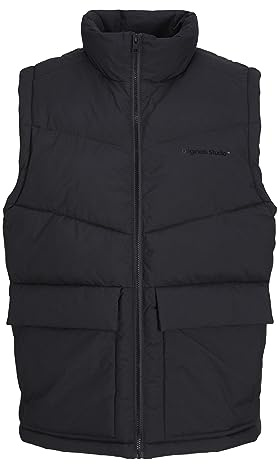 JACK & JONES Mens Puffer Gilet Full Zip Stand up Bodywarmer Quilted Collar Sleeveless Jackets for Men, Black Colour, Size- M