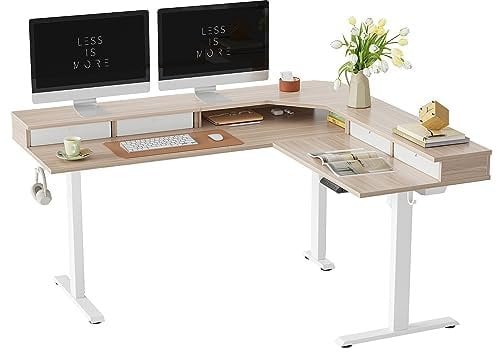FEZIBO 160 x 120 cm L Shaped Standing Desk with 4 Drawers, Electric Standing Gaming Desk Adjustable Height, Corner Stand up Desk with Splice Board, White Frame/Light Walnut Top