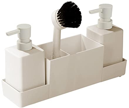 LOVIVER 4x Kitchen Soap Dispenser with Sponge Holder, Liquid Hand Soap Dispenser, Non Slip Portable Soap Bottle Storage Tray, Brush Set for Sink Hotel, beige