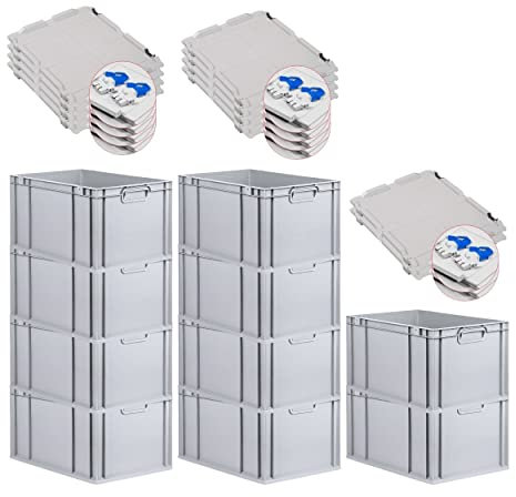 PROREGAL SuperSparSet 10x Eurobox NextGen Grip mit Scharnierdeckel und blauen Schiebeschnappverschlüssen, HxBxT 32x40x60cm, 65 L, Grau, Griffe geschlossen, Eurobehälter, Transportbox