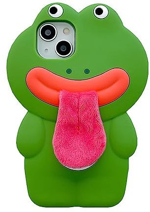 YAKVOOK Kawaii Phone Cases Compatible with iPhone 14,Cute Cartoon Green Frog with Plush Tongue Women Girls 3D Soft Silicone Shockproof Cover for iPhone 14