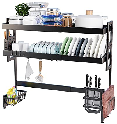 WestUx Scolapiatti da Appoggio con Porta Utensili Porta Tazze 2 livelli in Acciaio Inossidabile Di Grande Capacità Per Organizer Da Cucina,Nero