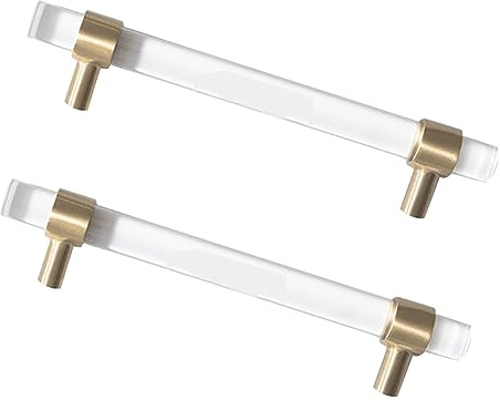 2 Stücke Möbelgriffe transparenter Gold,Kleiderschrank Acryl-Messing knäufe,Henkel Schuhkartongriffe Schublade Türgriff Kristall für Glastür,Schrank-Zubehör (Hole distance 128mm)