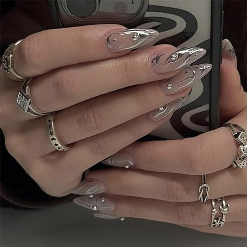 Moguri® Lot de 24 faux ongles en acrylique, en forme d'amande, taille moyenne, avec strass, stiletto, convient pour un usage quotidien