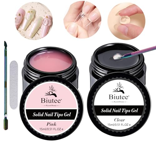 Biutee Solid Nail Tips Gel Nail Art Gel Nagelkleber für Tips, Professional Nail Extension Artificial Fingernails Tip Glue, Fester Nagelkleber(15 ml x 2)