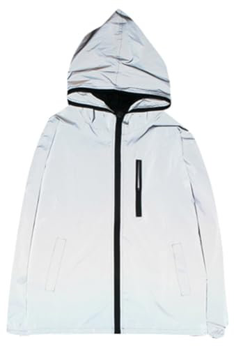 Singular-Point reflektor jacke,Damen Reflektierende Hoodie Zip Up Hooded Windbreaker Jacke Langarm,Grau,L
