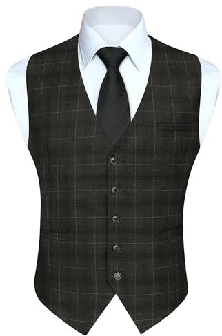 HISDERN Manner Gilet de mariage formel en coton Plaid Robe Costume Gilet pour homme, marron, 3XL