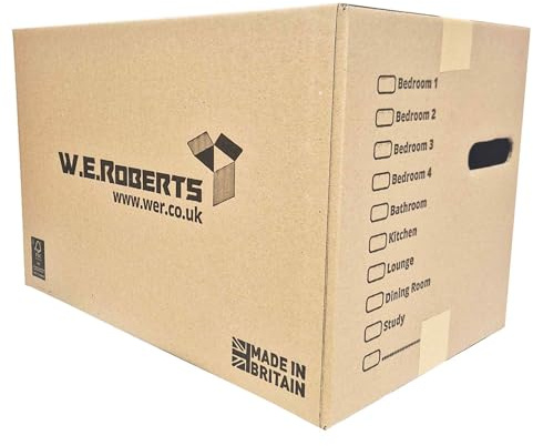 W.E. Roberts 20 x Strong Large Cardboard Moving House Boxes 45.7cm x 28.8cm x 28.8cm with Carry Handles and Room List Manufactured in the UK (20)