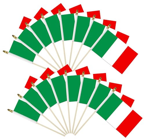 Lot de 16 petits drapeaux italiens sur bâton – Mini drapeaux italiens avec dessus en lance sans danger pour les enfants – Mât en bois de 12,7 x 20,3 cm – Drapeaux à main pour décorations patriotiques,