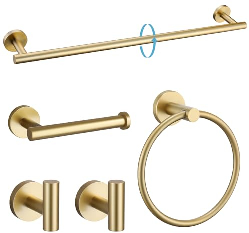 TURS Towel Bars Bathroom Accessories Set-5 Pieces Stainless Steel Toilet Roll Holder, 24Bath Towel Bar+Toilet Paper Holder+Towel Robe Hooks Gold Toilet Roll Holder Bathroom Accessories Kit