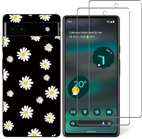 NOVAGO Compatible avec Google Pixel 6a 5G -Pack Complet- Coque Résistante Transparente avec Motif Fantaisie imprimé + 2 Films Protection vitre écran Verre trempé (Petites Fleurs)