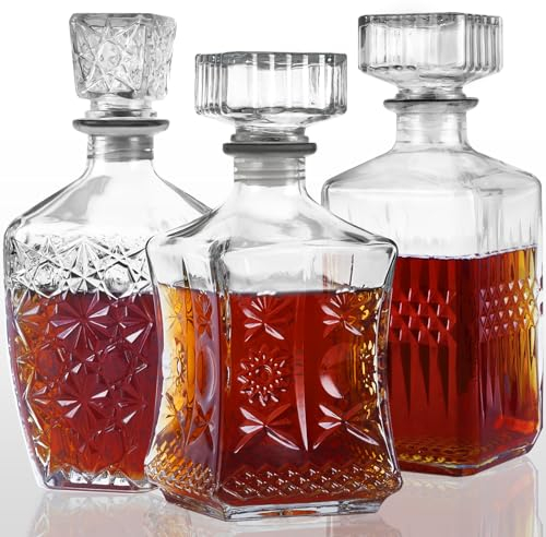 LAWADACH Whiskey Decanter Set of 3 Liquor Decanters Creative Glass Alcohol Bottles, Decanter for Tequila, Vodka and Brandy Unique Whiskey Gift for Man, Dad, Husband - Home Bar Decor (28oz*2, 31oz*1)