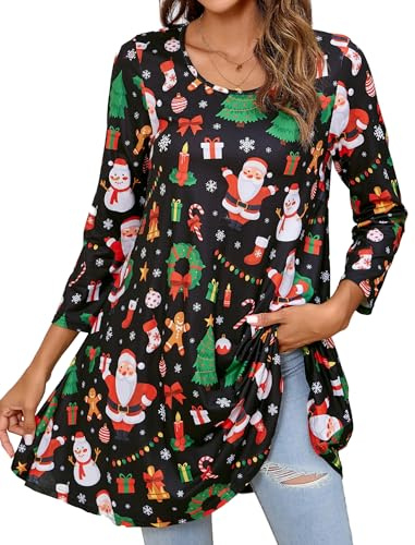 Enmain Christmas Tunic Tops for Women UK 3/4 Long Sleeve Ladies Tunics Top for Leggings Casual Round Neck New Year Blouses Shirt Festival Black 3XL