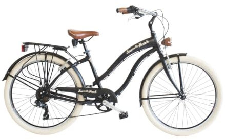 Via Veneto Bazam - Sun on the Beach Lady Damenfahrrad Cruiser, 66 cm (26 Zoll), 6 Gänge, Größe 43, schwarz matt, Retro Vintage aus Aluminium | VV790L