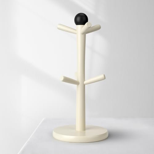 E-ROOM TREND Tassenhalter | 1 Stück Becherhalter aus Holz | mit 6 Hölzerne Tasse Rack Haken | Kaffeetassenhalter für Arbeitsplatte Küche Kaffee Bar Küchentheke | Weiß (MH371)