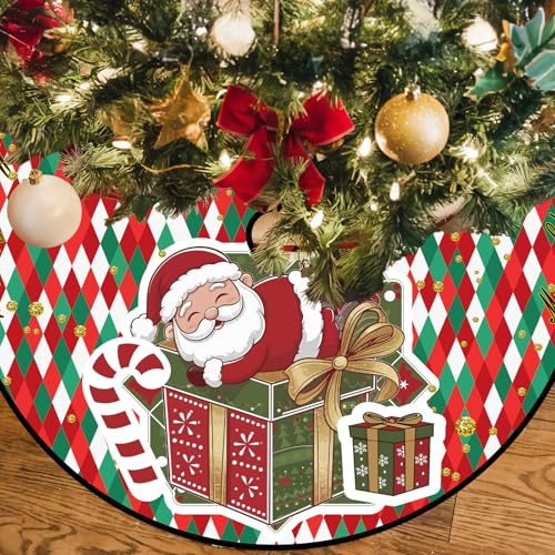 Christmas Tree Skirt Round, 48In Red Green Plaid Tree Skirt Christmas Decor, Cute Santa Claus Xmas Tree Skirt with Gift Box Polyester Xmas Mat for New Year Home Winter Holiday Party Ornament