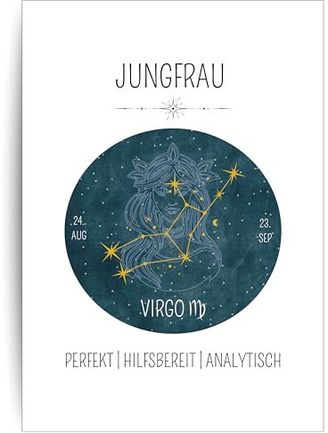 Papierkind™ Poster Sternzeichen Jungfrau - Virgo | Zodiak Wandbilder Jungfrau | Jungfrau Deko ohne Rahmen | Astrologie Jungfrau Poster | Geschenk | A4 ohne Rahmen (A137-4)