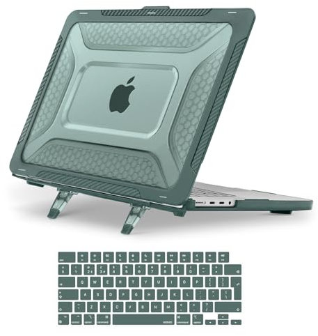 MOSISO Hülle Kompatibel mit MacBook Pro 16 Zoll 2024-2021 M4 M3 M2 M1 A3403 A3186 A2991 A2780 A2485 Chip, Honigwabe Duty TPU Bumper Hartschale mit Klappbarer Ständer&Tastaturabdeckung, Smaragdgrün
