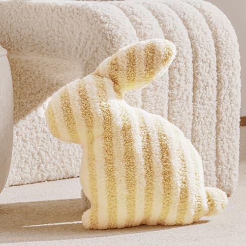 DN DECONATION Osterhasen Kissen Dekokissen, Gelb Weiß Plüschhase Kuschelkissen Hasenform 33x40 cm Plüschkissen aus Baumwolle & Sherpa für Sofa Bett Wohnzimmer Deko & Ostergeschenk Frühlingsdeko