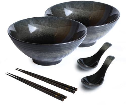 HLWDXno1 2 Pcs Ramen Bowl Set, Ceramic Noodle Bowl with Chopsticks & Spoons Japanese Style Retro Porcelain Tableware Ramen Gift Set, 1200ml Large Soup Bowls for Microwave & Dishwasher Safe, Black