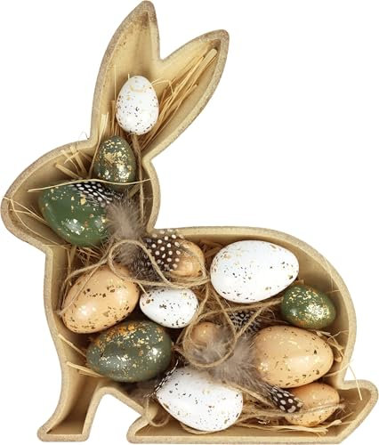 Generisch Hasenschale aus Holz mit 12 Kunststoffeiern gefüllt - Ostereier naturfarben - Dekoschale Hase Deko Frühling Ostern