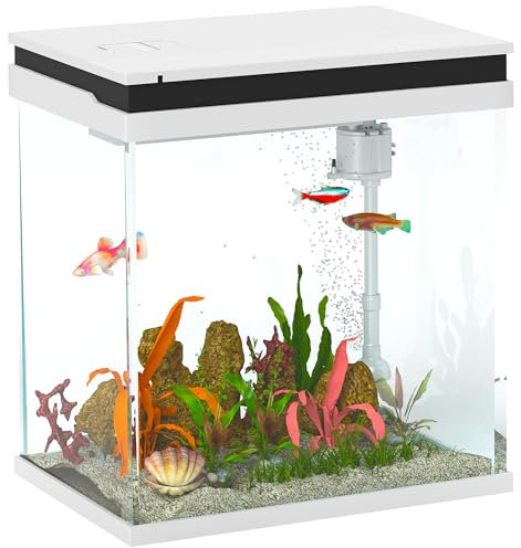 PawHut Fish Tank, 14L Glass Aquarium with Filter System, LED Lights, Water Pump, Betta Fish Tank for Goldfish, Shrimps, White