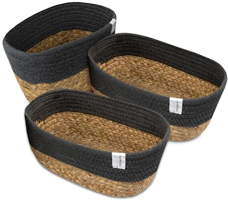 NORDIS DESIGN Aufbewahrungskörbe 3er Set aus Wasserhyazinthe und Baumwolle, Bad Aufbewahrungskorb geflochten zur Badezimmer Aufbewahrung & Bad Organisation dunkelgrau-natur