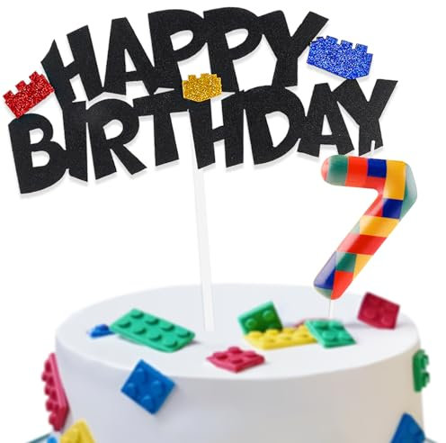 Building Block Cake Decorations with Happy 7th Birthday Cake Toppers and Birthday Candles Number 7, Building Block Birthday Party Deco for Kids