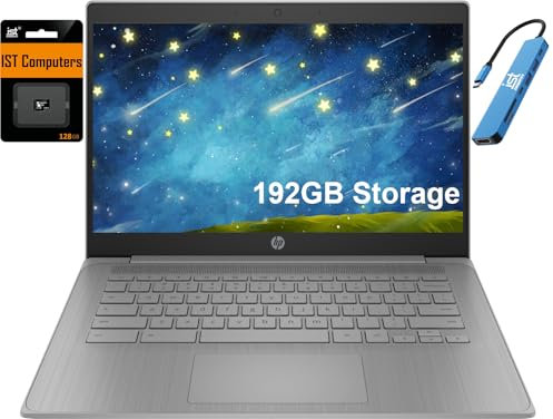 HP Chromebook 14 Laptop (14 pulgadas HD, Intel Celeron N4120 de 4 núcleos, 4 GB de RAM, 192 GB de almacenamiento, gráficos UHD 600) para el hogar y estudiantes, peso ligero y duración de la batería de