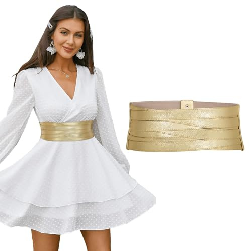 LEACOOLKEY Ceinture large pour femme en cuir élastique, ceinture à la mode pour robes et jeans, cadeau élégant pour les fêtes