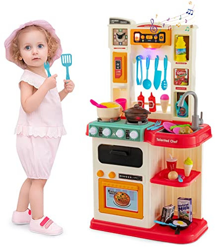 HOMASIS Spielküche mit 38 Zubehör, Kinderküche mit Licht Musik & Sound, Spielzeugküche mit Wasserpumpe Spüle Mikrowelle Ofen Herd, Kinderspielküche Eckküche für Kinder ab 3 Jahren (Rosa)