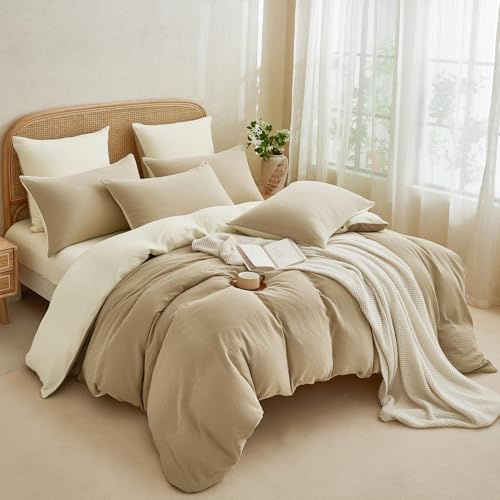 YASMENG Doppelte Muslin Bettwäsche 220x240 Khaki Hellbeige 100% Baumwolle Bettwäsche Muslin Weich Atmungsaktiv Kuschelige Bettbezug Set 3 Teilig mit Reißverschluss und 2 Kissenbezüge 80x80