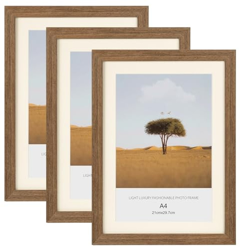 A4 Picture Frame, 3 Pack 100% Solid Wood Photo Frame 21 X 29,7 cm Poster Frames certificate Document Frame with Plexiglass Window,Freestanding and Wall Mountable