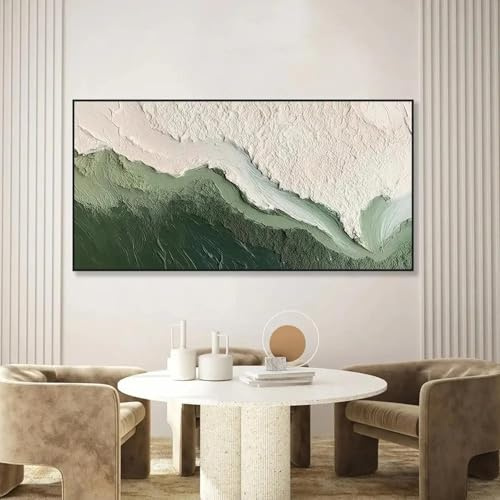 Impresiones sobre lienzo, textura verde de olas oceánicas, pintura al óleo, arte Wabi-Sabi, decoración abstracta para sala de estar, pintura moderna en lienzo, 70 x 140 cm, sin marco