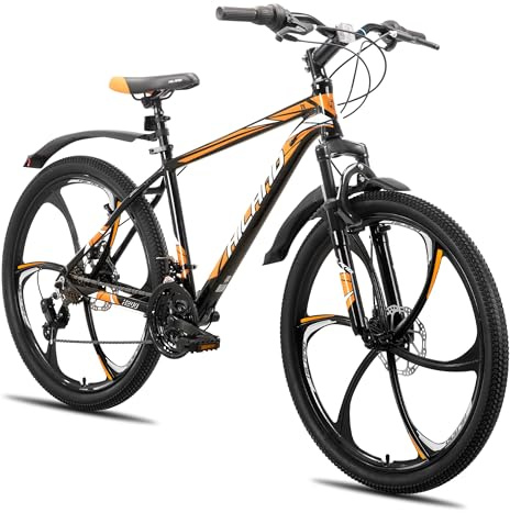 Hiland 26 Inch Mountain Bike for Adults, 6 Spoke Wheel, 18 Speed Mens and Womens Mountain Bike, with Double Disc Brakes, 26 Inch MTB Aluminium Frame Bicycle, Orange