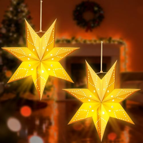 IWTBNOA 2 Stück LED Weihnachtsstern Beleuchtet zum Aufhängen, 45cm 3D Stern Fenster, Papierstern Lampenschirm, Weihnachtsbeleuchtung außen/innen – Warmweiß – Für Fensterdeko Advent Weihnachten Veranda