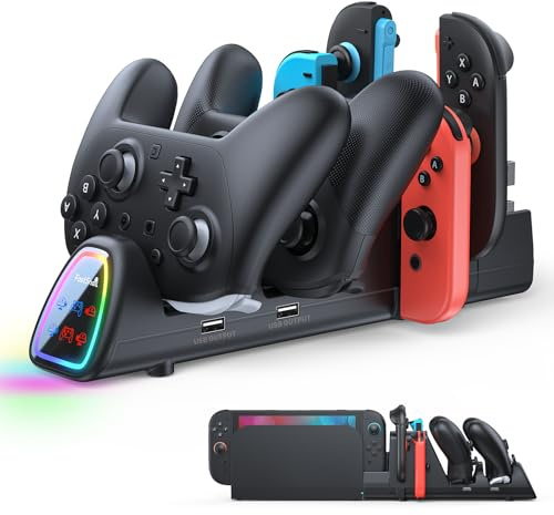 FASTSNAIL Chargeur Manette pour Nintendo Switch 2/1 pour Joycon, Station de Recharge Rapide 10 en 1 pour Manette Pro 2/1 avec 11 Modes RVB, Chargeur sans Fil avec Indicateur LED