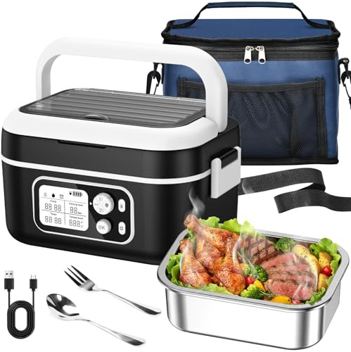 RWSRW Fiambrera Electrica 100W Calentador de Comida Portatil 1,5L Lunch Box con Bolsa Térmica y Cubiertos Comida Caliente Acero Inoxidable para coche/camión/oficina