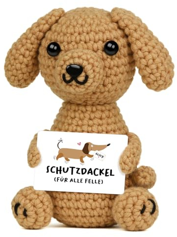 Giftasy Glücksbringer - Handgemachte Gehäkelte Dackel mit Energiekarte, Motivationsgeschenk, Pocket Hug, Gute Besserung Geschenk, Beste Freundin Geschenke