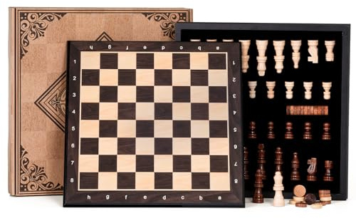 Peradix Lift-Off Lid Holz Schachspiel Magnetisch, 2-in-1 Schach & Dame Reiseschach mit Figuren, Traditionelles Schachgeschenk für Erwachsene und Kinder