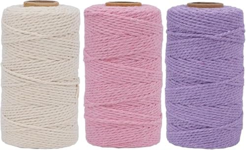 COEWUR 3 Rotoli Corda Macrame 2 mm x 100 m set di filati macramè Corda di Cotone Filo macramè per La Tessitura per Arazzo, appendere per piante, Confezione Regalo(rosa+beige+viola chiaro)