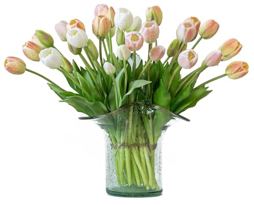 DUYONE 40pcs Artificial Tulips Flowers, Latex Bouquet, Fake Tulips for Office Wedding Party Home Kitchen Garden Decoration-B Champagne Set