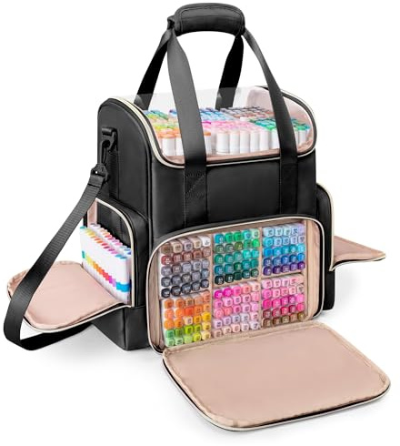 Rexmica Double Layer Marker Organiser Bag Holds 400 Colors, Black | Large Structured Marker Storage Case with Dividers & Multiple Pockets for Art Pens, Coloring Book or Other Painting Supplies