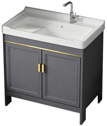 TYMYW Waschtisch mit Unterschrank mit Füßen Badezimmer Unterschrank mit Keramik Waschbecken mit Waschbrett und Wasserhahn,Grau,70Cm