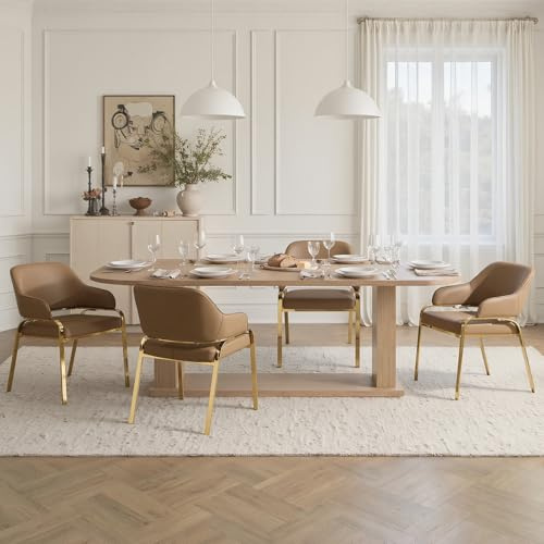 DAYALANE Modern Dining Chairs Set of 4, PU Leather Kitchen Chairs with Openwork Backrest and Gold Metal Legs, Armchair for Dining Room Living Room Home Brown